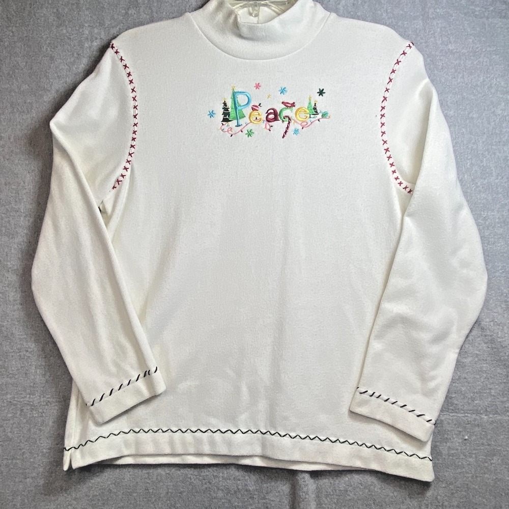 Onque Casuals Womens Medium Christmas Peace Embroidered Sweater‎ White Mock Neck